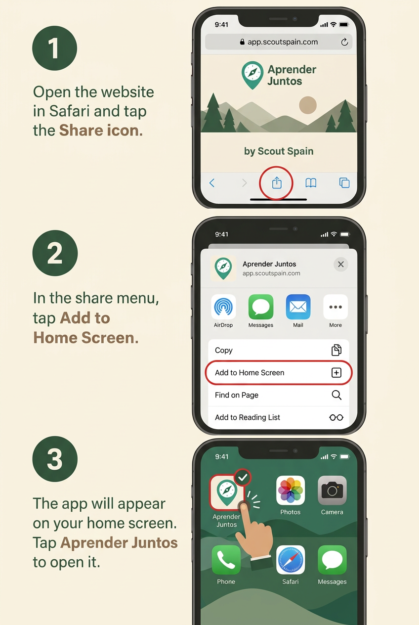 Step-by-step pictures for installing Aprender Juntos on iPhone / iPad